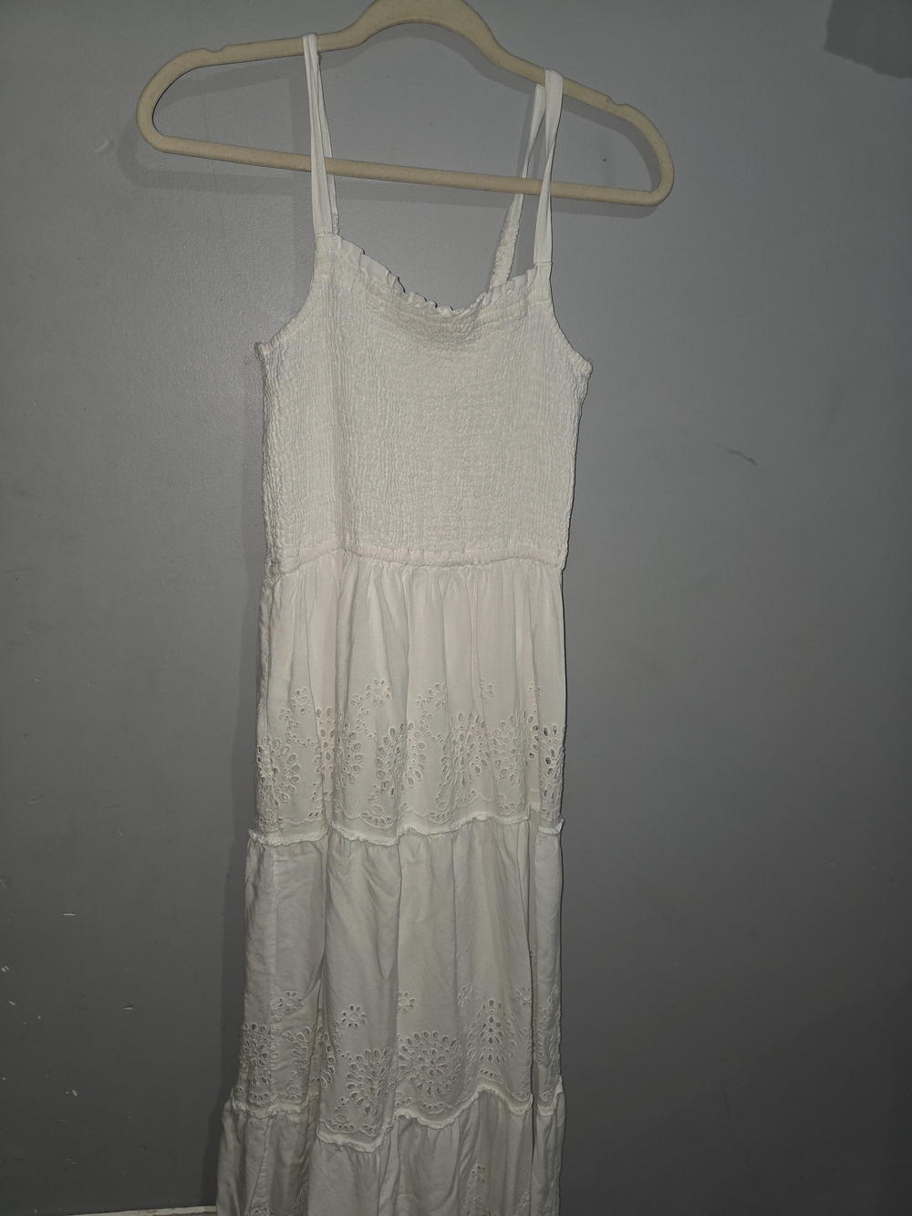 Jessica Simpson White Eyelet Smocked Boho Maxi Dress-Medium